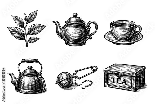 Vintage tea set with teapot, cup, tea infuser, and leaves in engraved retro style