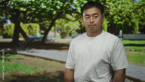 Man wearing white shirt shows face looking aside in green forest; quiet solitude introspection serenity.