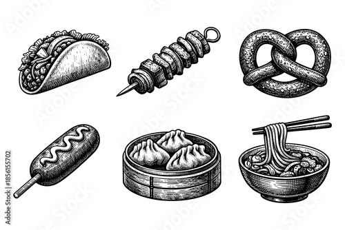 Vintage style: variety of classic street foods in detailed engraving art