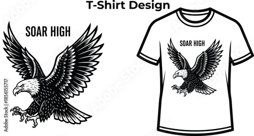 T-shirt design of Soar high typography with flying eagle for freedom logo design, wild bird animal badge, patriotic american emblem and isolated on transparent nature graphic illustration