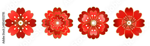 Chinese style red colored stylized sakura flowers with stamens, gold outline. Floral set of beautiful east asian traditional cherry blossoms. EPS 10 vector illustration.