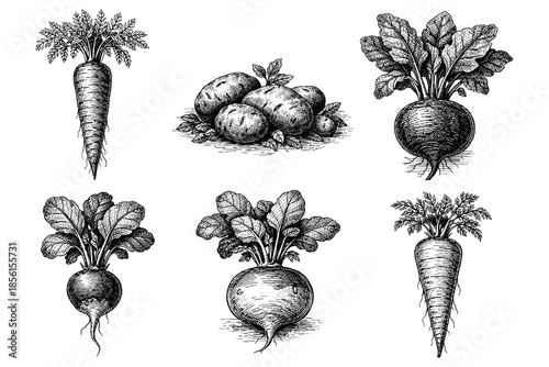 Set of vintage hand drawn root vegetables with detailed carrot, potato, and beetroot