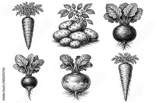 Black and white engraving of root vegetables with detailed carrot, potato, and beetroot illustrations