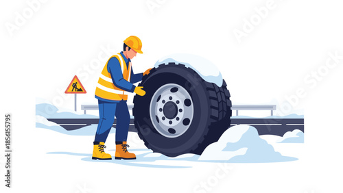 Diligent construction worker in high-visibility gear carefully inspecting a large vehicle tire partially covered in snow on a winter road.