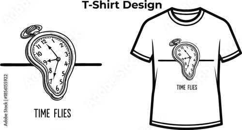 T-shirt design of Time flies typography with melting clock for surreal art logo, abstract dream badge, memory loss symbol and isolated on transparent vintage graphic illustration