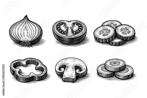 Vintage line art of sliced vegetables in monochrome style