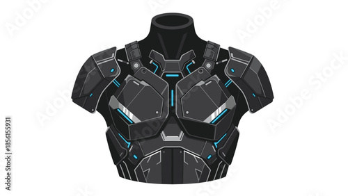Futuristic armored chest piece on a torso, featuring sleek black plating and vibrant blue glowing accents, ideal for sci-fi concepts.