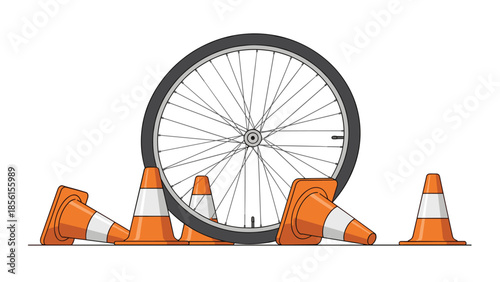Upright bicycle wheel amidst several fallen orange traffic cones, creating a symbolic scene of obstacle navigation or urban cycling challenges.