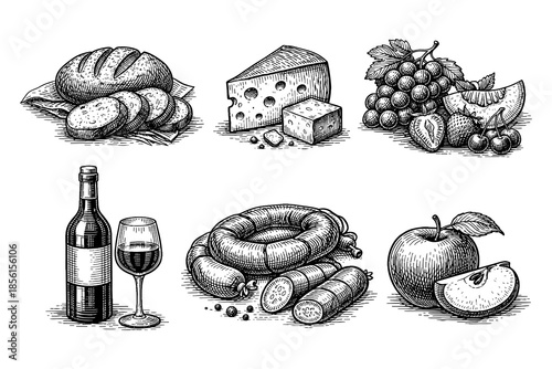 Vintage food and drink collection featuring bread, cheese, fruits, wine, sausages, and apple in detailed ink style