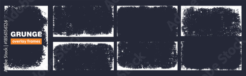 Set of grunge overlay frame and background with grime and rugged effect. Border collection with vintage texture.