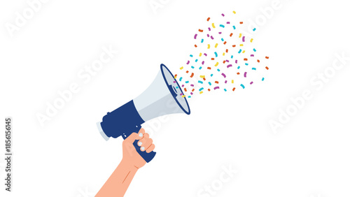 Hand firmly holding a blue megaphone, emitting a vibrant burst of colorful confetti, symbolizing celebration, announcements, or good news.