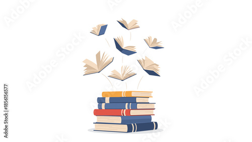 Towering stack of colorful books with several open books dynamically flying upwards, symbolizing unleashed knowledge, learning, and education.