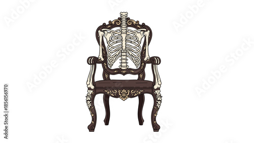 Elegant antique-style wooden chair with intricate carvings, featuring a unique skeleton rib cage motif on its backrest, blending classic and gothic.