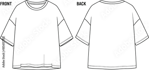  Oversized short sleeve t-shirt fashion flat sketch, unisex loose fit tee template with crew neck, front and back technical vector illustration