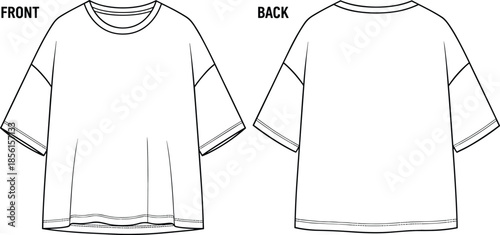  Oversized short sleeve t-shirt front and back technical fashion sketch, relaxed fit crew neck top clothing design template for modern apparel brands, vector illustration