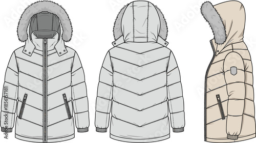  Puffer jacket technical fashion flat with detachable faux fur hood, zipper pockets and quilted padding, winter outerwear apparel design vector illustration