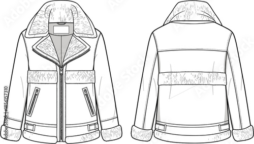  Shearling collar winter jacket front and back technical fashion sketch, warm outerwear design template with zipper pockets and fur trims, vector illustration