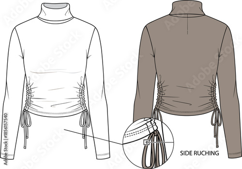  Women’s turtleneck long sleeve top technical flat, side ruched adjustable drawstring hem illustration, vector fashion template, garment design for sewing pattern
