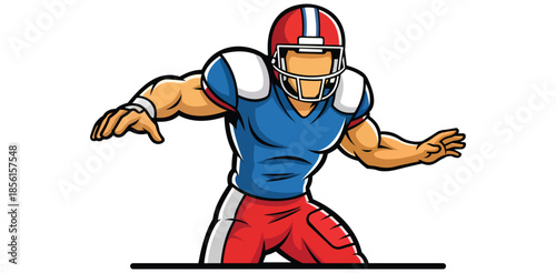 Vibrant cartoon American football player illustration dynamic pose ready for game day action wearing helmet blue jersey