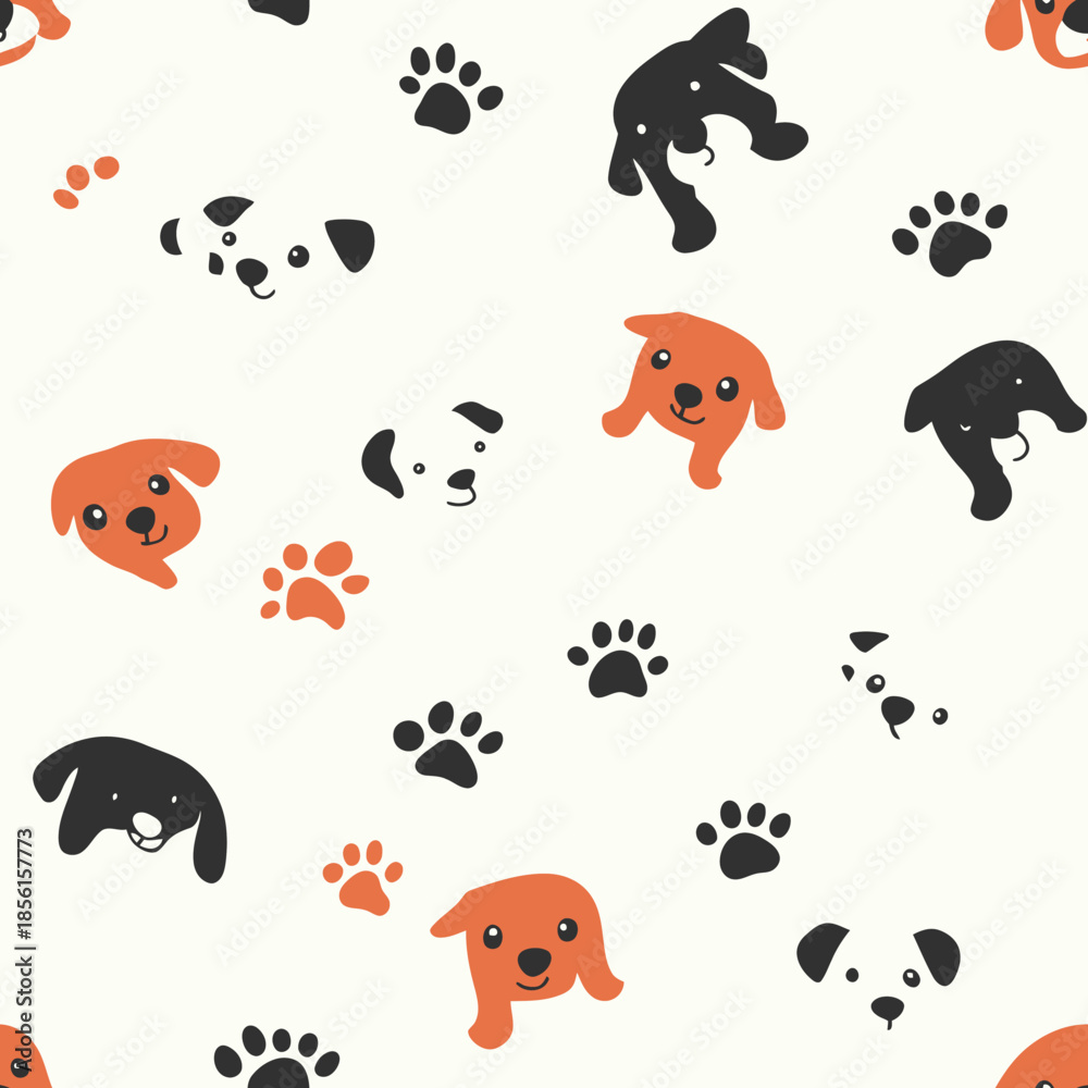 Obraz premium Seamless pattern of happy cartoon dog puppy faces in black, white, and orange with colorful paw prints on light background for playful pet design and textile print