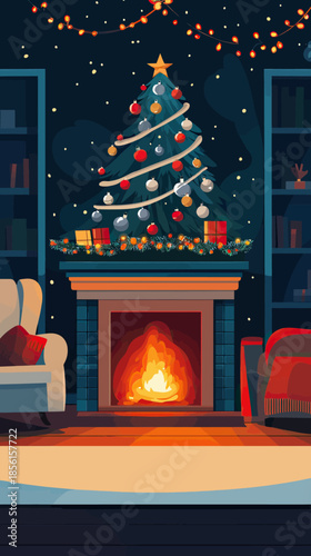 Cozy living room interior with decorated Christmas tree, burning fireplace, wrapped gifts, festive garland lights, and comfortable armchairs at night in flat vector style