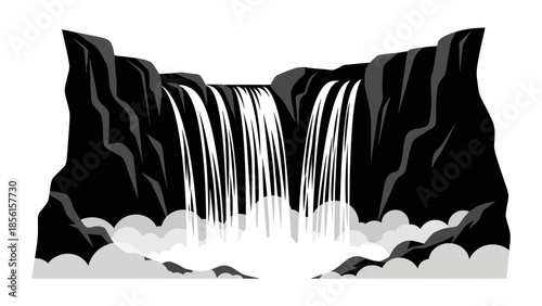 A black silhouette of a waterfall cascading down a rocky cliffside in a serene natural setting with white water and mist.