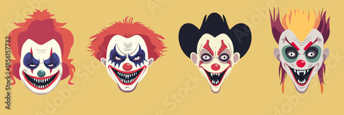 Set of four scary clown faces with exaggerated evil smiles and colorful hair in flat minimalist vector style for Halloween and horror themes