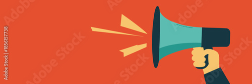 Hand holding megaphone with sound waves on red background business announcement marketing promotion concept flat vector illustration