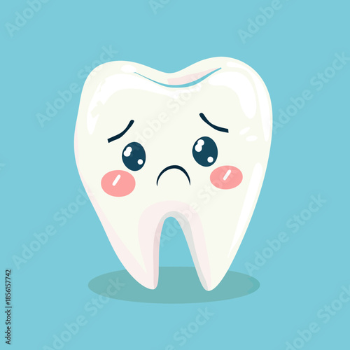 Sad tooth character with worried eyes and blushing cheeks on blue background isolated cartoon dental health concept vector illustration in flat style