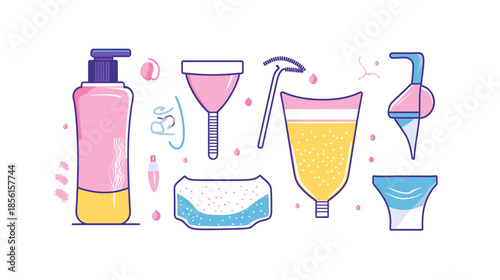 Flat vector illustration of feminine hygiene menstrual products including bottle with pump, menstrual cup, tampons, sanitary pad, menstrual disc, and underwear with pink and yellow accents