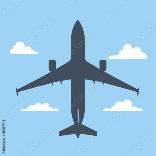 Silhouette of commercial airplane flying overhead with clouds in blue sky flat vector illustration for travel aviation concept