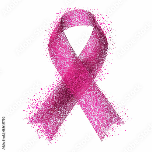 Abstract pink breast cancer awareness ribbon made of digital wireframe mesh with particle dispersion effect on white background vector illustration for health support campaign