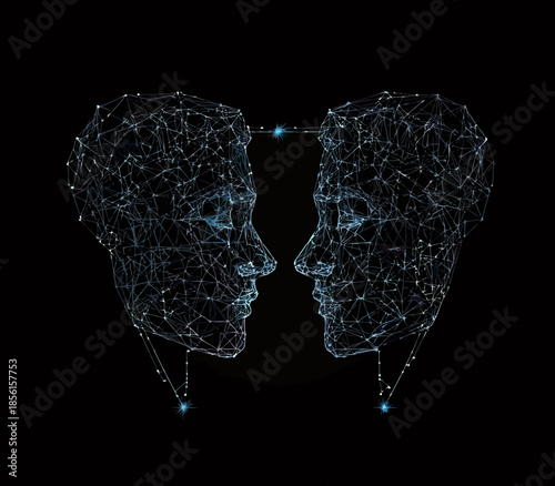 Gemini zodiac constellation twin faces wireframe digital mesh with glowing star points low poly style astrology symbol on black background