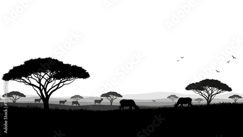 A black silhouette of a savannah landscape with trees and animals in a natural setting against a white background, conveying a sense of serenity and connection to nature.