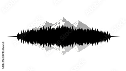 A black silhouette waveform against a stylized mountain range with a clean white background, conveying a sense of technology and nature.