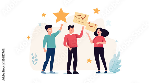 Group of people celebrating positive feedback with star ratings and charts in flat minimalist style customer satisfaction concept illustration