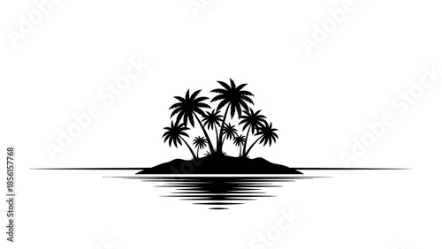 Black silhouette of a tropical island with palm trees against a calm body of water on a white background.