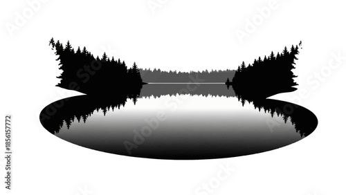 A black silhouette of a serene forest landscape with trees reflected in still water, set against a clean white background with a calm and natural mood.
