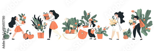 Women carrying fresh organic vegetables fruits and flowers baskets bundles plants grocery shopping healthy lifestyle flat vector illustration