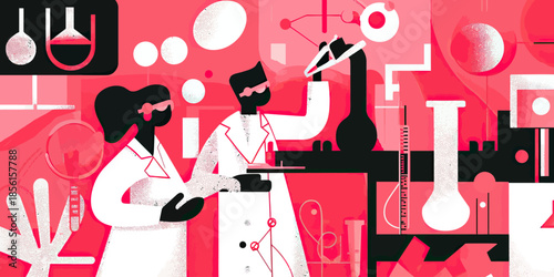 Scientists conducting laboratory research with test tubes flasks chemical analysis equipment in modern flat style vector illustration red background