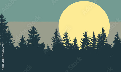 Silhouette of pine forest trees against large yellow full moon sky at dusk minimalist nature landscape vector illustration background