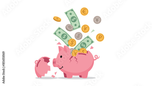 Illustration of a broken piggy bank with different currencies falling, representing financial crisis, economic instability, and savings loss.