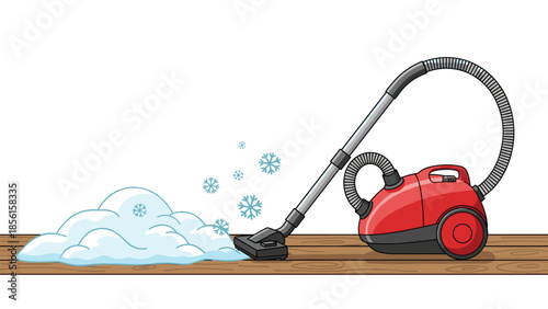 Humorous illustration of a red vacuum cleaner on a wooden floor attempting to clean up a pile of snow and falling snowflakes.