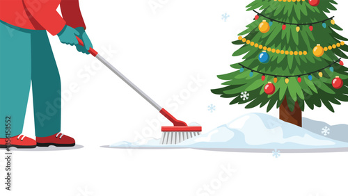 Person sweeping snow with a red broom near a decorated Christmas tree, illustrating winter holiday preparation and festive cleanup.