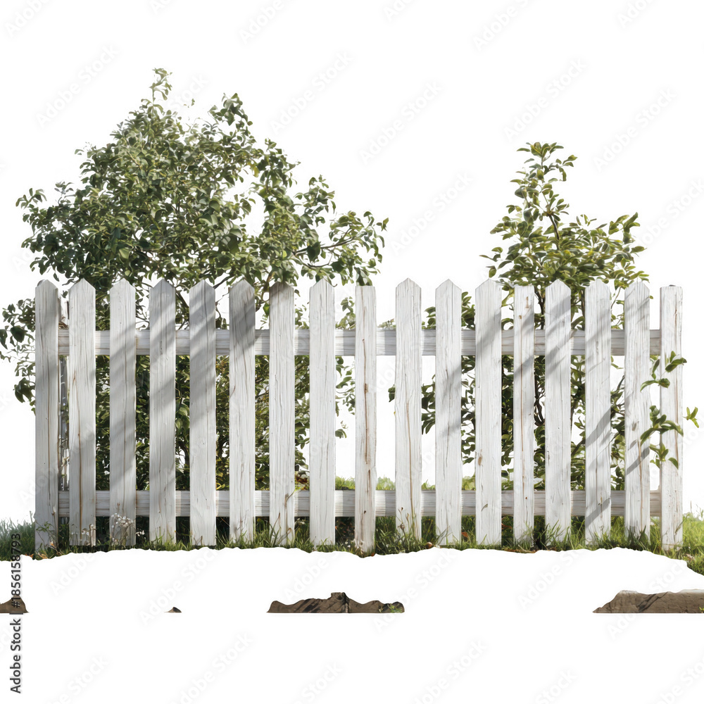 Obraz premium White picket fence with trees isolated on transparent background