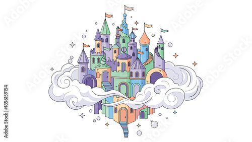 Whimsical and colorful fantasy castle with multiple towers and flags, floating among fluffy clouds and magical stars.