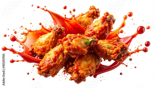 Fried chicken wings with sauce splash on white backdrop