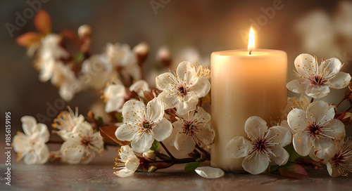 Funeral card template with burning candle and white flowers, condolence background with copy space for obituary text, memorial service announcement with floral arrangement.