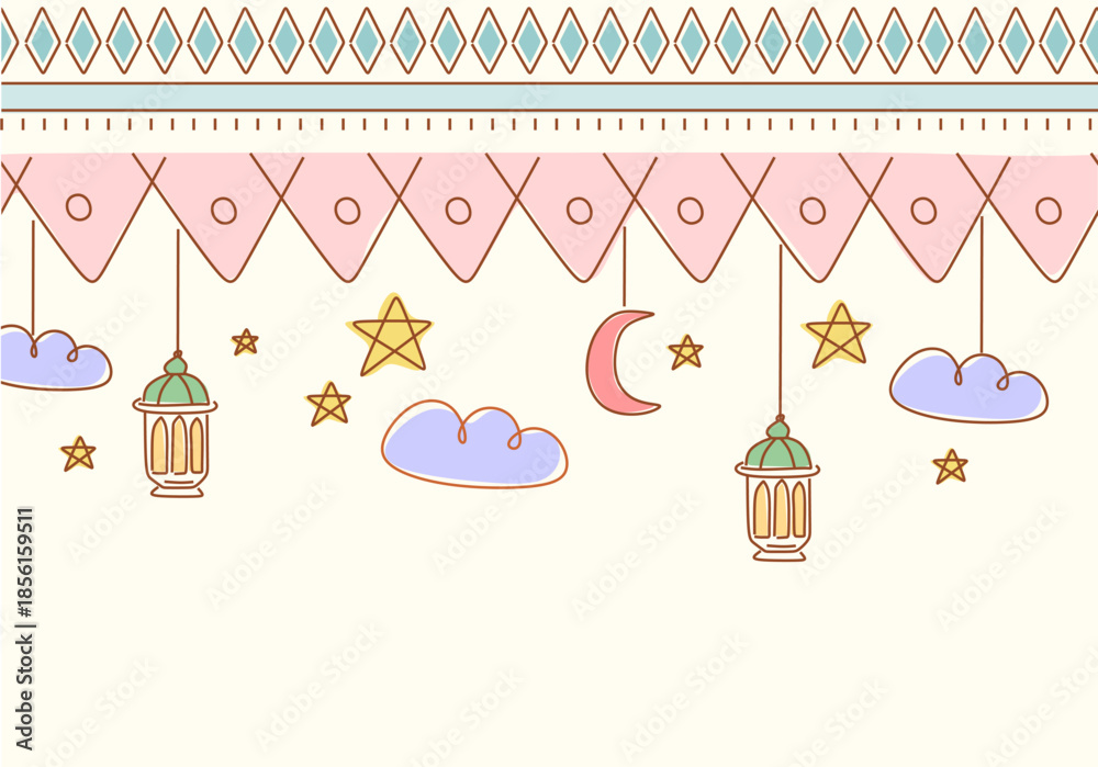 Fototapeta premium Ramadan decorative border illustration featuring hanging lanterns, crescent moon, stars, and clouds in soft pastel colors.