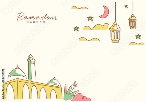 Ramadan Kareem greeting illustration featuring a stylized mosque arch with hanging lanterns